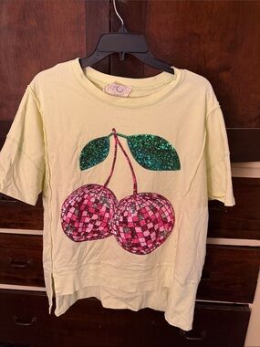 Fantastic Fawn Light Yellow Sequin Cherry Graphic Tee